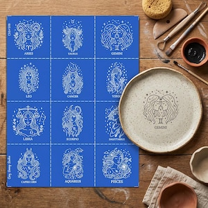 Op de afbeelding: Een blauw rechthoekig vel met twaalf witte lijntekeningen van sterrenbeelden met hun namen, waaronder Ram, Stier, Tweelingen, Leeuw, Kreeft, Maagd, Weegschaal, Schorpioen, Boogschutter, Steenbok, Waterman en Vissen.