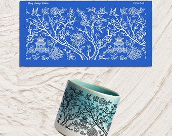 Serigrafia in ceramica cinese / Stampa sotto smalto con pagoda floreale (22 x 11 cm) CSS#549