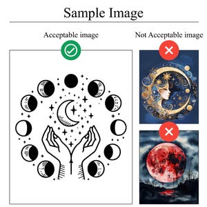 Pu&ograve; includere: Illustrazione in bianco e nero di mani che reggono una luna crescente e una stella, circondate dalle fasi lunari e dalle stelle. L'immagine &egrave; un'immagine di esempio con la scritta "Acceptable image" e un segno di spunta.