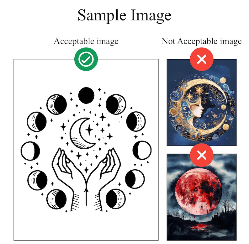 Pu&ograve; includere: Illustrazione in bianco e nero di mani che reggono una luna crescente e una stella, circondate dalle fasi lunari e dalle stelle. L'immagine &egrave; un'immagine di esempio con la scritta "Acceptable image" e un segno di spunta.