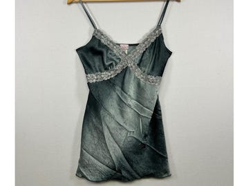Fairycore Poetry Women Large Green Crushed Satin Lace Beaded Cami Tie Back Top