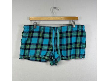 Y2K Plaid Aeropostale Womens Large Blue Green Flannel Aero Graphic Pajama Shorts