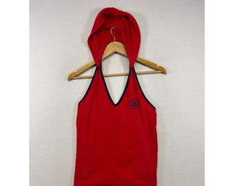 Y2K Sporty Tommy Girl Jeans Damen Größe L Rotes Kapuzen-Haltertop mit Kängurutasche