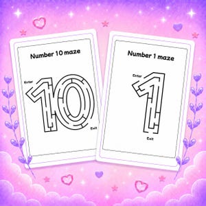 May include: Two rectangular white activity cards featuring black line art mazes. The left card displays a Number 10 maze with Enter and Exit labels. The right card displays a Number 1 maze with Enter and Exit labels. Both cards have a dashed border.