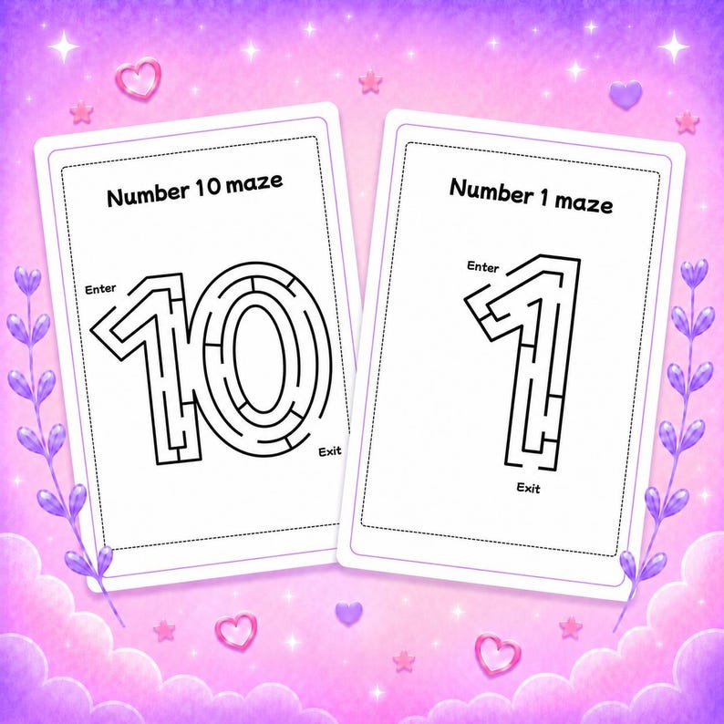 May include: Two rectangular white activity cards featuring black line art mazes. The left card displays a Number 10 maze with Enter and Exit labels. The right card displays a Number 1 maze with Enter and Exit labels. Both cards have a dashed border.