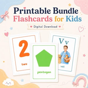Op de afbeelding: Printbare flashcards voor kinderen, digitaal te downloaden. De flashcards tonen een oranje nummer 2, een groene vijfhoek en de letter V met een dierenarts die een kat en een hond vasthoudt. De kaarten bevatten de woorden "two", "pentagon" en "vet".