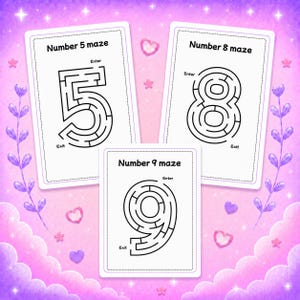 May include: Three rectangular white activity cards featuring black line art mazes shaped like the numbers 5, 8, and 9. Each card is labeled with text such as Number 5 maze, Number 8 maze, or Number 9 maze, with clearly marked Enter and Exit points.