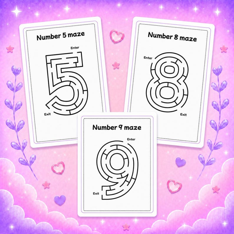 May include: Three rectangular white activity cards featuring black line art mazes shaped like the numbers 5, 8, and 9. Each card is labeled with text such as Number 5 maze, Number 8 maze, or Number 9 maze, with clearly marked Enter and Exit points.