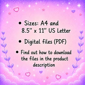 May include: A digital graphic on a purple background with pink clouds and heart accents. The text reads: Sizes: A4 and 8.5" x 11" US Letter, Digital files (PDF), Find out how to download the files in the product description.