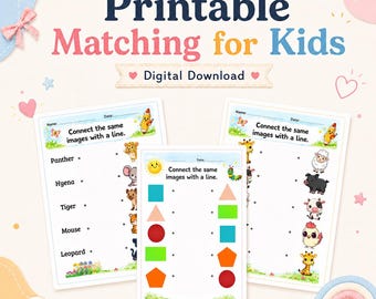 40 Preschool Matching Worksheets | Animals, Shapes, Vehicles (Digital Download)