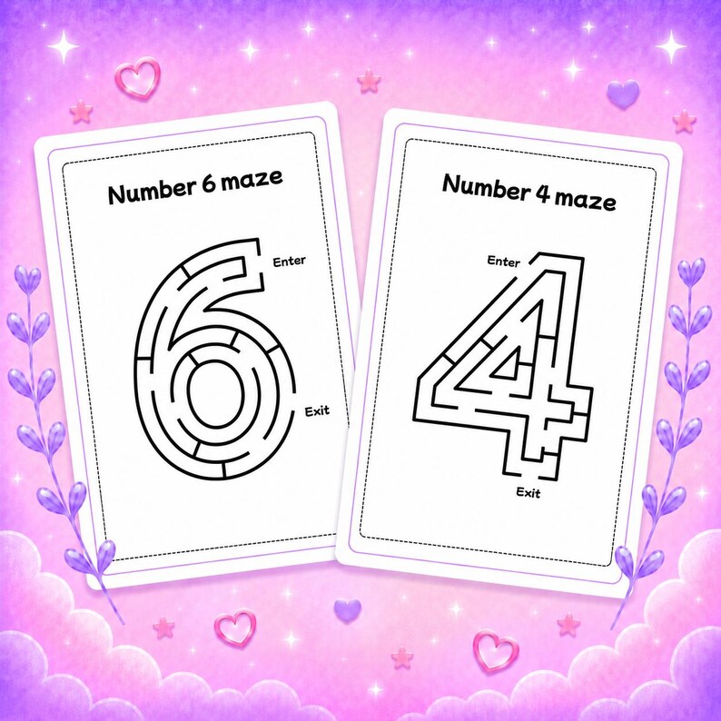 May include: Two rectangular white activity cards featuring black line art mazes shaped like the numbers 6 and 4. Each card includes the text Enter and Exit to mark the start and end points of the puzzles, set against a bright purple background.