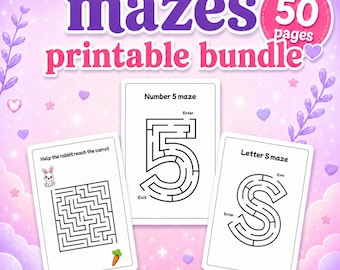50 Colorful Maze Worksheets Kids Preschool Kindergarten Activity Bundle Digital Download