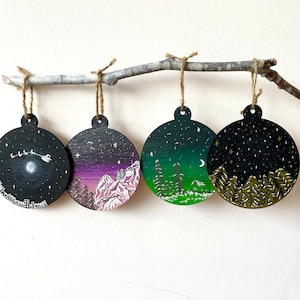 Hand painted Christmas ornament, Christmas decoration, Winter forest scene, Starry sky, Night sky, Northern lights, Stocking Filler