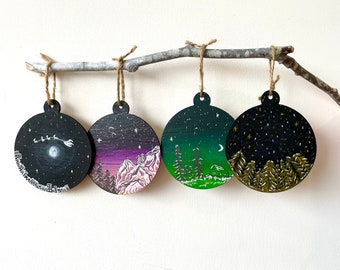 Hand painted Christmas ornament, Christmas decoration, Winter forest scene, Starry sky, Night sky, Northern lights, Stocking Filler