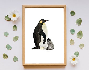 Cute Mum & Baby Penguin, Digital Download, Printable Watercolor Wall Art for Kids Room/Nursery Baby Shower Watercolor Wall Decor Animals Art