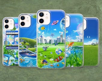 May include: Five clear smartphone cases featuring a digital collage of a bright blue sky, green grassy fields, city skylines, floating bubbles, colorful tropical fish, a planet, a guitar, and a Windows Media Player window with a music note icon.