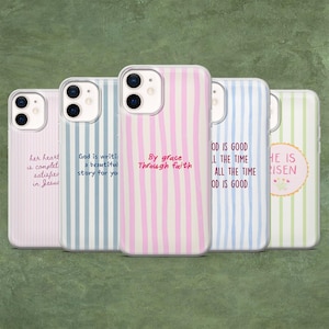 May include: Five phone cases with vertical striped patterns in pink, blue, and green. Each case has a different inspirational quote in a handwritten style font. The cases are for a smartphone.