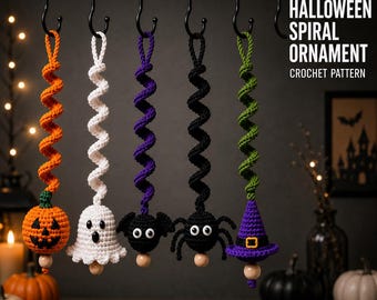 May include: Five crochet spiral ornaments hanging from black hooks, featuring a pumpkin, ghost, bat, spider, and witch hat. Each ornament has a wooden bead at the bottom. Text reads HALLOWEEN SPIRAL ORNAMENT CROCHET PATTERN.