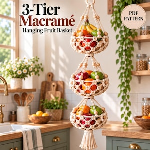 May include: A 3-tier macramé hanging fruit basket featuring off-white knotted cord, wooden beads, and a bottom tassel. The text 3-Tier Macramé Hanging Fruit Basket and PDF PATTERN is visible. The baskets are filled with various fresh fruits.