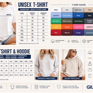 Peut inclure: Image pr&eacute;sentant des t-shirts et des sweat-shirts unisexes Gildan. L'image comprend un tableau des tailles avec des mesures en cm, des &eacute;chantillons de couleurs et des d&eacute;tails sur les produits. Les t-shirts sont Gildan 5000 Heavy Cotton, et les sweat-shirts sont Gildan 18000 Heavy Blend.