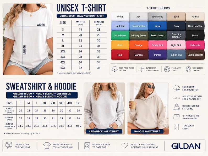 Peut inclure: Image pr&eacute;sentant des t-shirts et des sweat-shirts unisexes Gildan. L'image comprend un tableau des tailles avec des mesures en cm, des &eacute;chantillons de couleurs et des d&eacute;tails sur les produits. Les t-shirts sont Gildan 5000 Heavy Cotton, et les sweat-shirts sont Gildan 18000 Heavy Blend.