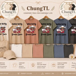 Peut inclure: Pr&eacute;sentation de t-shirts de diff&eacute;rentes couleurs, chacun avec un motif Hello Kitty et Bruno Mars. Les chemises sont suspendues &agrave; des cintres, avec d'autres chemises pli&eacute;es en dessous. Un sac fourre-tout et une casquette de baseball sont &eacute;galement visibles.