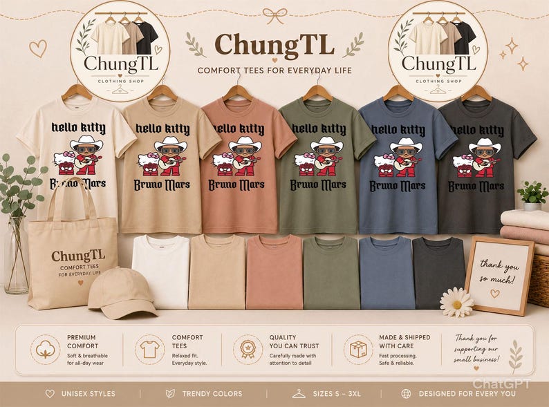 Peut inclure: Pr&eacute;sentation de t-shirts de diff&eacute;rentes couleurs, chacun avec un motif Hello Kitty et Bruno Mars. Les chemises sont suspendues &agrave; des cintres, avec d'autres chemises pli&eacute;es en dessous. Un sac fourre-tout et une casquette de baseball sont &eacute;galement visibles.