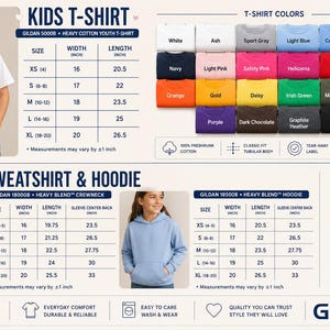 Peut inclure: Tableau des tailles pour les v&ecirc;tements Gildan pour jeunes, incluant t-shirts, sweats et sweats &agrave; capuche. D&eacute;tails des tailles, largeurs, longueurs et couleurs. Mesures en pouces.