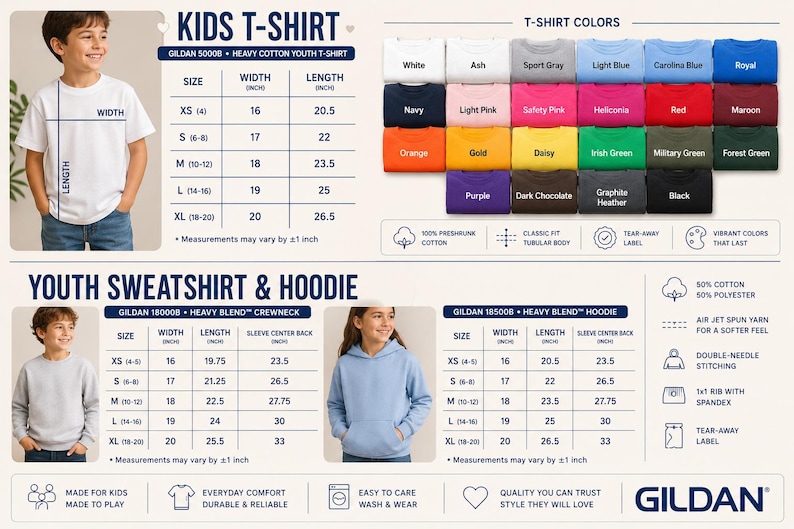 Peut inclure: Tableau des tailles pour les v&ecirc;tements Gildan pour jeunes, incluant t-shirts, sweats et sweats &agrave; capuche. D&eacute;tails des tailles, largeurs, longueurs et couleurs. Mesures en pouces.