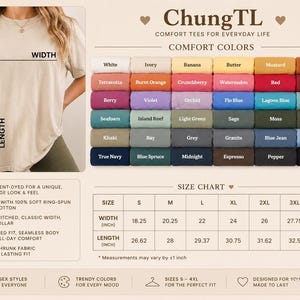 Peut inclure: Un t-shirt beige avec un tableau des tailles et des &eacute;chantillons de couleurs. Le tableau indique les tailles S-4XL avec des mesures de largeur et de longueur en pouces. Les couleurs incluent blanc, ivoire et noir.