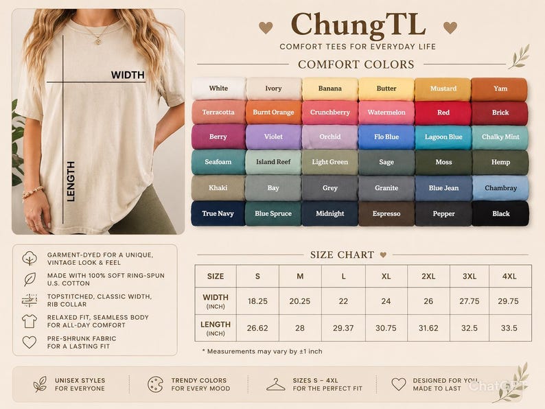 Peut inclure: Un t-shirt beige avec un tableau des tailles et des &eacute;chantillons de couleurs. Le tableau indique les tailles S-4XL avec des mesures de largeur et de longueur en pouces. Les couleurs incluent blanc, ivoire et noir.
