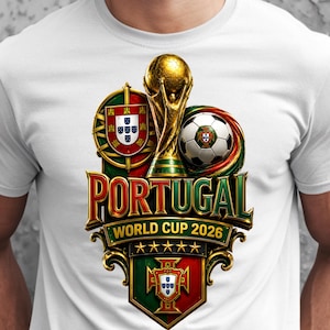 Puede incluir: Una camiseta blanca con un diseño gráfico que incluye un trofeo dorado, un balón de fútbol y el escudo nacional de Portugal. El texto PORTUGAL WORLD CUP 2026 aparece en letras metálicas, decorado con cinco estrellas doradas y adornos.