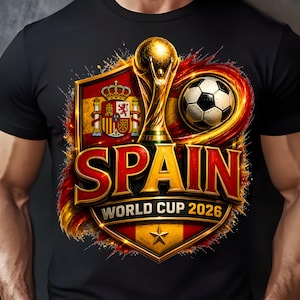 May include: A black t-shirt featuring a graphic design with the Spanish flag, a gold trophy, and a soccer ball. The text reads SPAIN WORLD CUP 2026. The design includes a shield emblem with a crown and a star, surrounded by red and yellow accents.