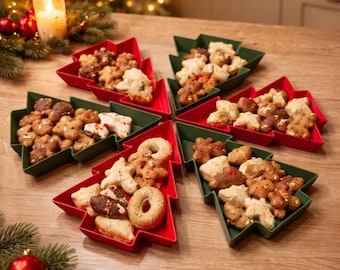 Op de afbeelding: Een set van vijf kerstboomvormige serveerschalen in afwisselend rode en groene kleuren, elk gevuld met een assortiment kleine, gebakken koekjes. De schalen zijn in een cirkelvormig patroon op een houten ondergrond geplaatst.