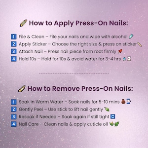 Puede incluir: Un gr&aacute;fico instructivo sobre un fondo morado claro que detalla c&oacute;mo aplicar y quitar u&ntilde;as postizas. El texto incluye pasos para limar, limpiar, aplicar adhesivos, colocar las u&ntilde;as, mantener durante 10 segundos, remojar, retirar y cuidar las u&ntilde;as.