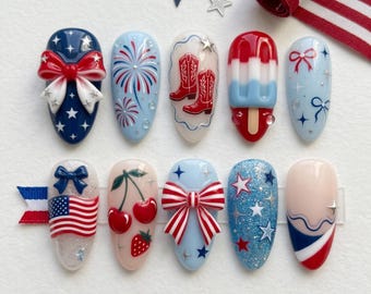 Cowboy Boots Cherry 4th Of July Press On Nails, 250th Patriotic Almond Gift Nail