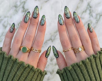 Hand-painted Butterfly Wing Almond Press on Nails, Luxury Acrylic Glue-on Set