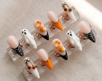 Spooky Ghost Candy Corn Press-On Nails, Gothic Halloween Party Set (Acrylic)