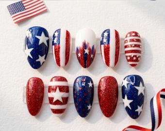 Glitter Stars 4th Of July Press On Nails, 250th Independence Almond Gift Nail