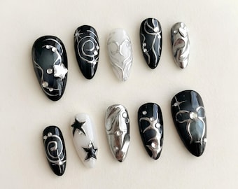 Black Silver Star Chrome Press-On Nails, Y2K Gothic Style, Acrylic Nail Set