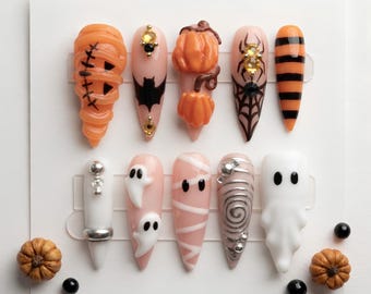 Pumpkin Ghost Bat Spider Web Halloween Nails, Press-on Nails, Costume Party, Art, Gift