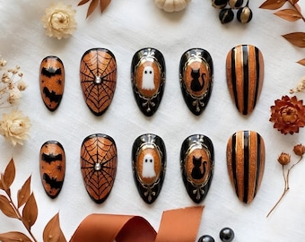 Handmade Halloween Press-On Nails, Orange Ghost Black Cat, Spooky Chic Style (Acrylic)