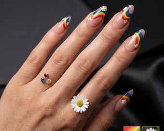 Rainbow French Tip Daisy Nails, Acrylic Summer Flower Press-Ons