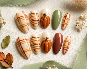 3D Fall Pumpkin Plaid Press-On Nails, Autumn Harvest Style (Acrylic)