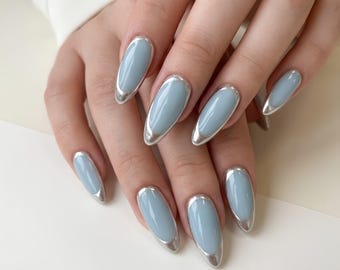 Blue Chrome French Tip Press On Nails, Metallic Almond Acrylic Nails