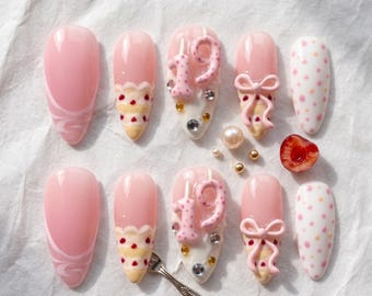 Pink Birthday Cake Press-On Nails, Coquette Style, Acrylic Nail Set