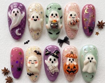 Halloween Ghost Pumpkin Press-On Nails, Spooky Acrylic Art Set