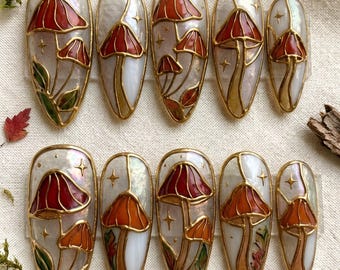Mushroom Stained Glass Press On Nails, Cottagecore Nature Lover Acrylic Set
