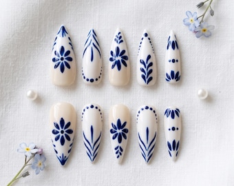 Handmade Acrylic Press-On Nails, Blue Floral Chinoiserie Style (Set)