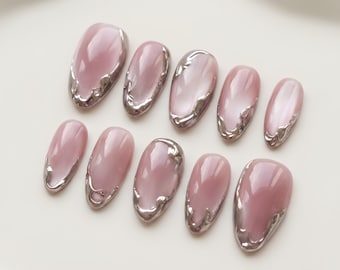 Pink Cat Eye Chrome Liquid Press-On Nails, Y2K Minimalist Style (Acrylic)